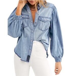 We the Free With Love Cotton Denim Shirt Blue Boho Western Pearl Snap Womens XL
